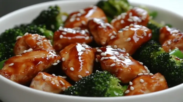 A savory bowl of Chinese Keto Chicken and Broccoli, garnished with sesame seeds and green onions, on a modern kitchen counter.