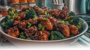 A savory bowl of Chinese Keto Chicken and Broccoli, garnished with sesame seeds and green onions, on a modern kitchen counter.