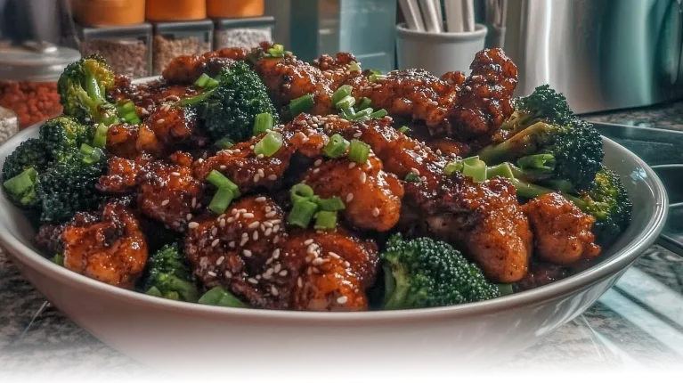 A savory bowl of Chinese Keto Chicken and Broccoli, garnished with sesame seeds and green onions, on a modern kitchen counter.