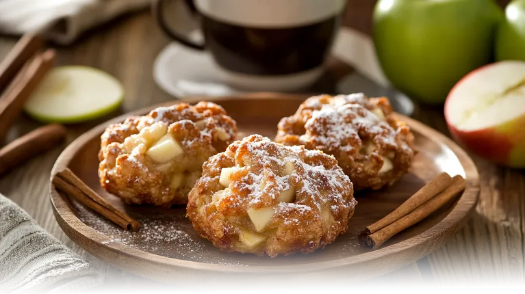 A warm and crispy apple fritter on a rustic wooden plate, paired with fresh apple slices and a steaming cup of coffee in a cozy modern kitchen.