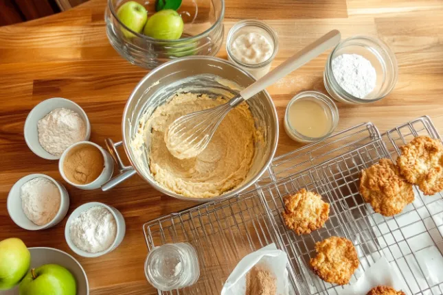 Batter preparation and frying of cake apple fritters in a bright, modern kitchen.