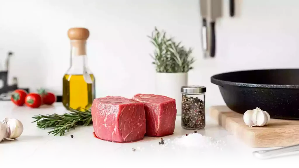 Ingredients for petite sirloin steak, including raw beef steaks, olive oil, kosher salt, and rosemary, displayed on a modern kitchen countertop