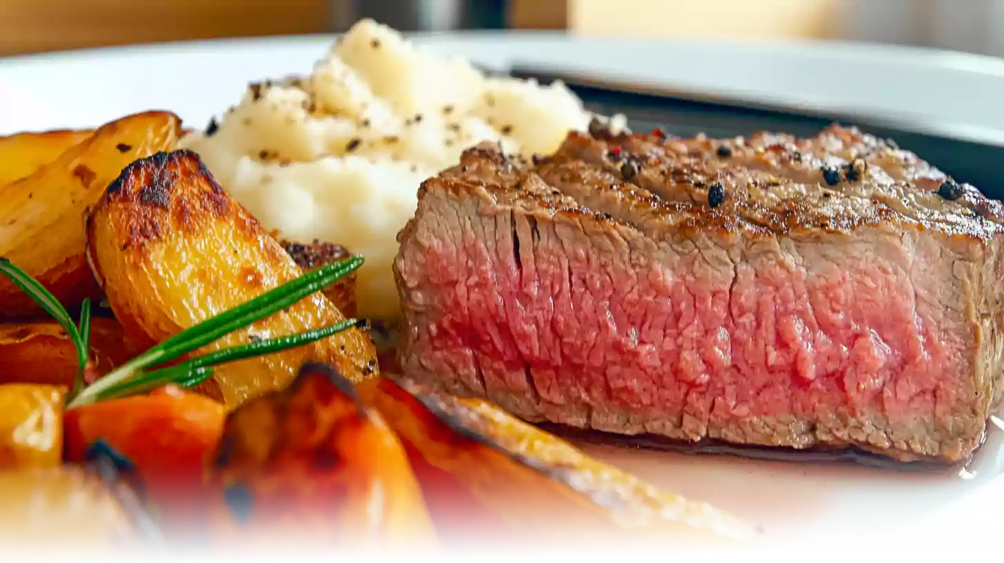 Juicy petite sirloin steak sliced against the grain with roasted vegetables and mashed potatoes.