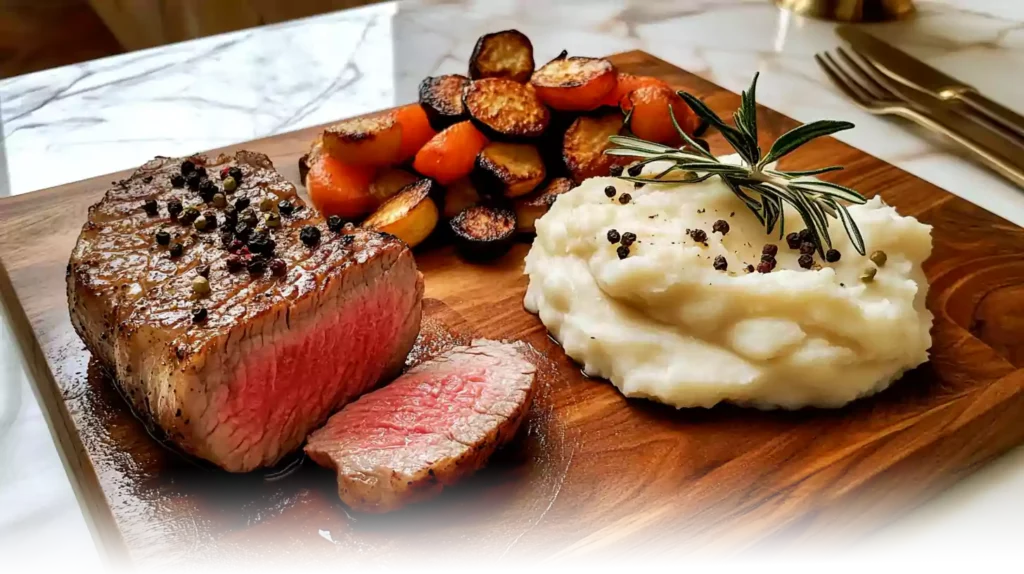 Juicy petite sirloin steak sliced against the grain with roasted vegetables and mashed potatoes.