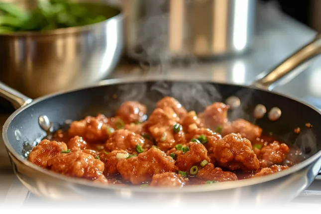 Chicken pieces being fried and orange sauce simmering in a modern kitchen.