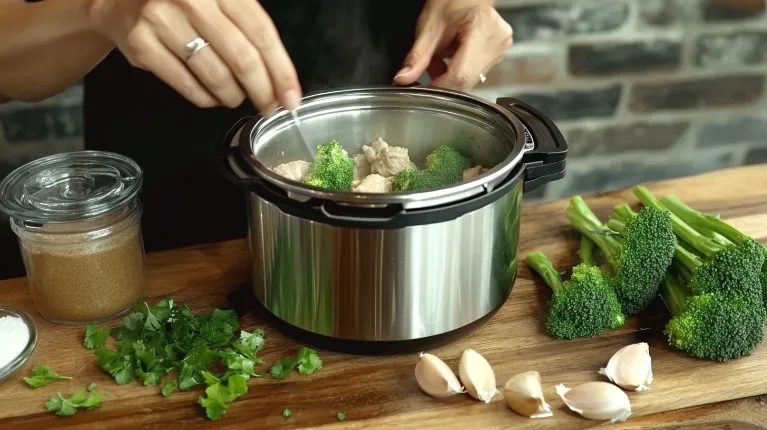 Chicken sautéing in an Instant Pot with garlic and ginger, alongside fresh broccoli being prepped on a cutting board.