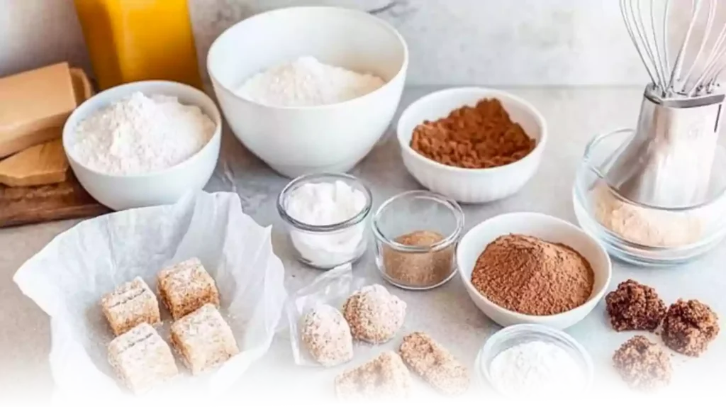 Ingredients for Churro Cheesecake Cookies, including flour, sugar, butter, cream cheese, and cinnamon, arranged on a modern kitchen counter.