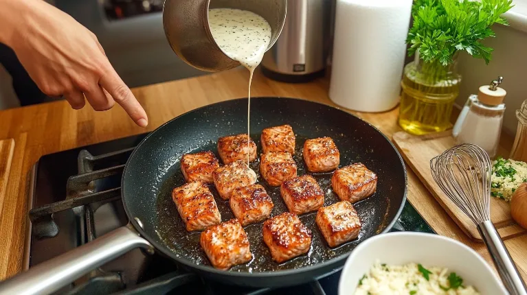 Cooking Honey Butter Garlic Salmon Bites in a skillet, with glaze being poured over golden-brown pieces in a modern kitchen.