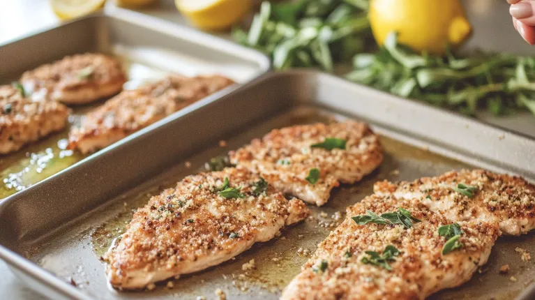 Cooking process of Parmesan Crusted Chicken: marinating, searing, and adding the cheesy crust.