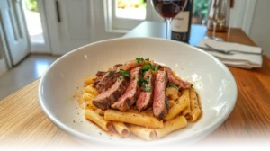 Creamy Philly Cheesesteak Pasta served in a white bowl, garnished with parsley, in a cozy modern kitchen.