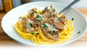 Creamy garlic parmesan chicken pasta served on a white plate, garnished with fresh parsley and parmesan cheese.