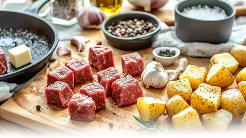 Ingredients for Garlic Butter Steak Bites and Potatoes, including raw steak, Yukon gold potatoes, butter, garlic, and spices, on a modern kitchen countertop.