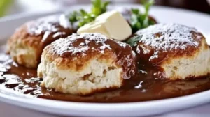 Flaky Southern biscuits with velvety chocolate gravy and a sprinkle of powdered sugar on a rustic wooden plate.