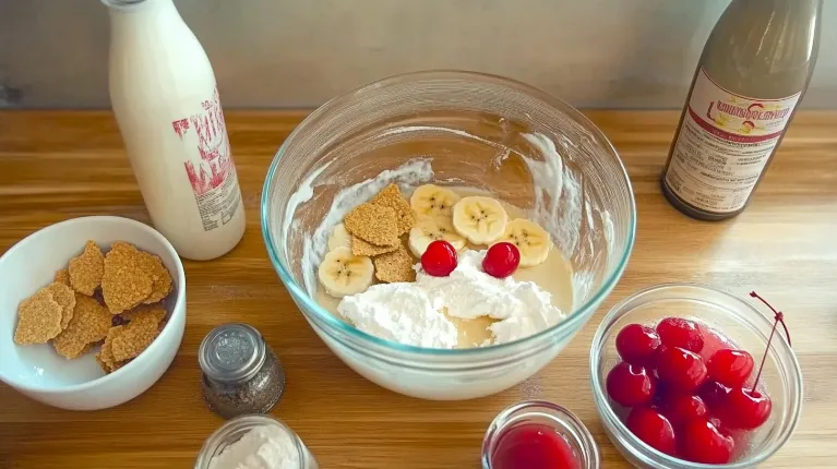 Fresh and colorful ingredients for a banana split cake, ready to be transformed into a delicious dessert.