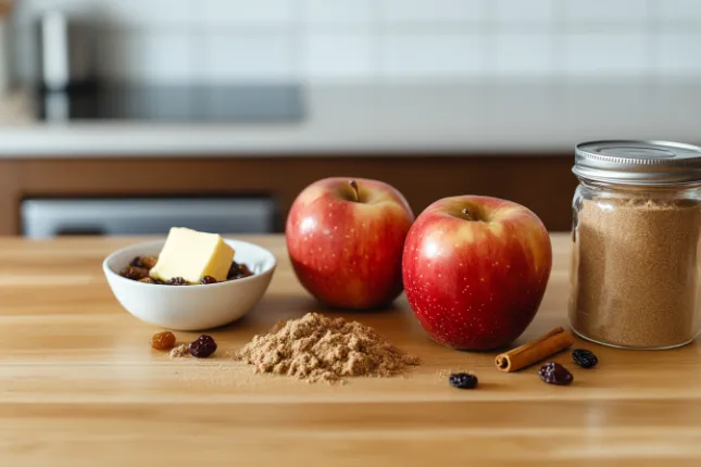 Fresh apples, brown sugar, cinnamon, butter, raisins, and nuts on a wooden countertop in a modern kitchen.