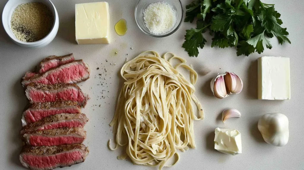 Fresh ingredients for Cajun Surf and Turf Alfredo, including shrimp, steak, pasta, and Parmesan cheese, displayed on a countertop.