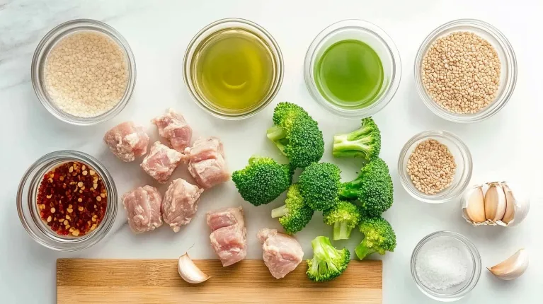 Fresh ingredients for Chinese Keto Chicken and Broccoli, including chicken, broccoli, garlic, ginger, and seasonings, on a modern kitchen counter.