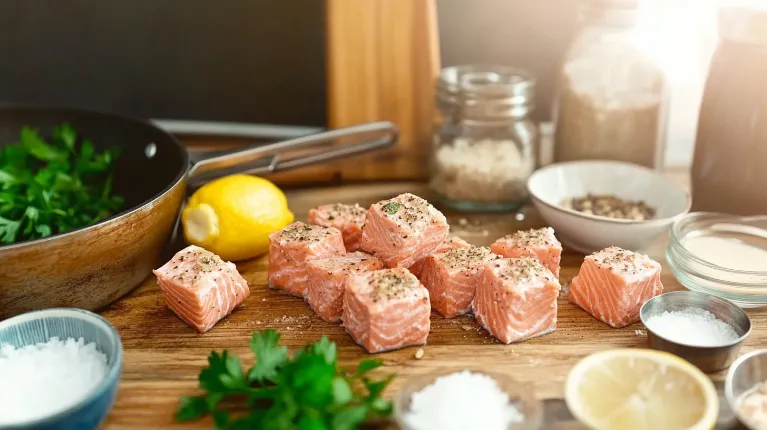 Fresh ingredients for Honey Butter Garlic Salmon Bites, including salmon fillets, honey, butter, garlic, soy sauce, and lemon, on a modern kitchen counter.