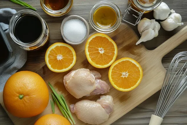 Fresh ingredients for Orange Chicken, including chicken thighs, oranges, soy sauce, and spices, on a modern cutting board.