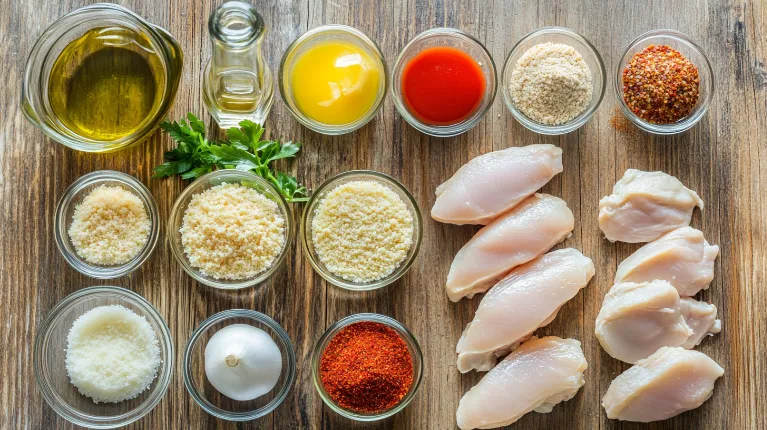 Fresh ingredients for Parmesan Crusted Chicken neatly arranged on a wooden countertop.