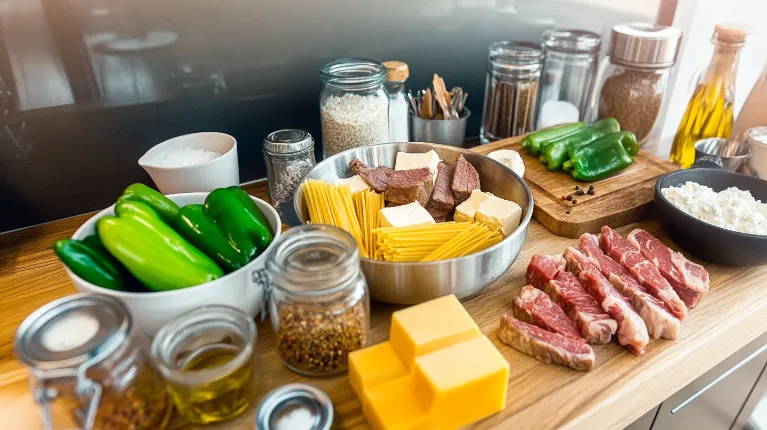 Fresh ingredients for Philly Cheesesteak Pasta neatly arranged on a modern kitchen countertop.