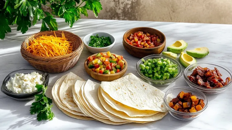 Fresh ingredients for a breakfast burrito, including tortillas, eggs, potatoes, bacon, peppers, cheese, and avocado, laid out on a modern kitchen counter.