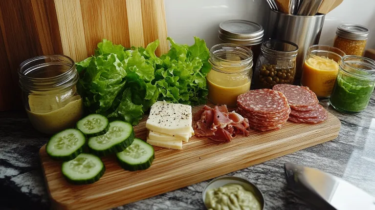 Fresh ingredients good sandwich toppings, including lettuce, tomatoes, pickled onions, deli meats, and cheddar cheese, displayed in a modern kitchen.