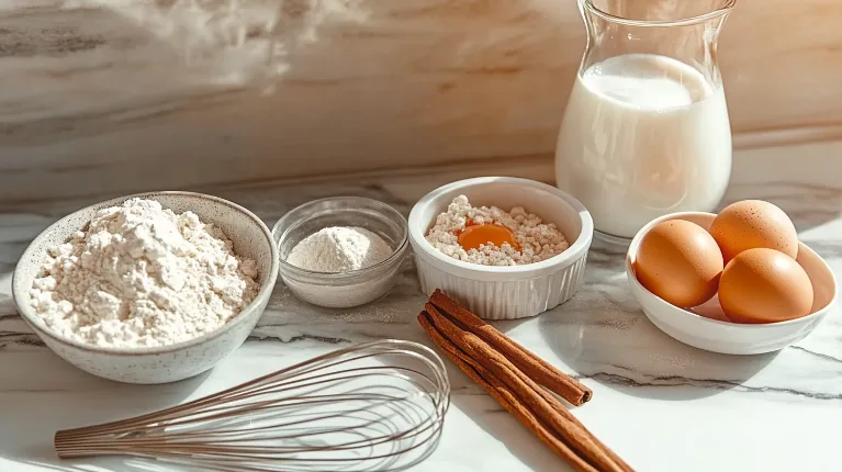 Fresh ingredients for apple fritters on a modern kitchen counter, including diced apples, flour, and cinnamon sticks.