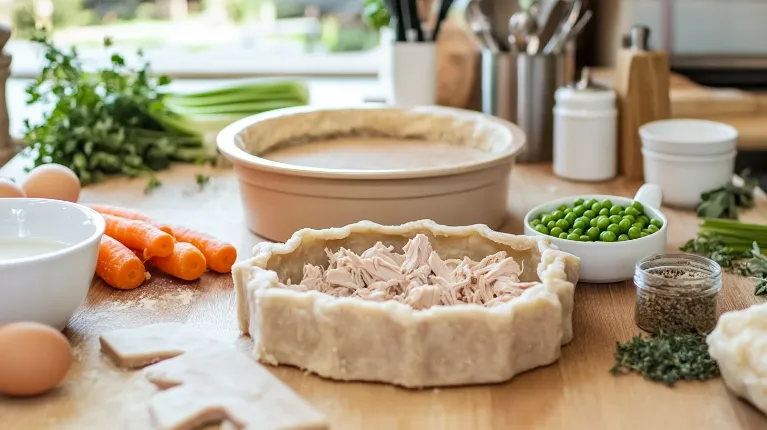 Fresh Chicken pot pie with cream of chicken soup arranged on a wooden countertop.