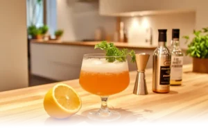 Fried Chicken Prime drink served in a glass with frothy golden hues, garnished with lemon and parsley.