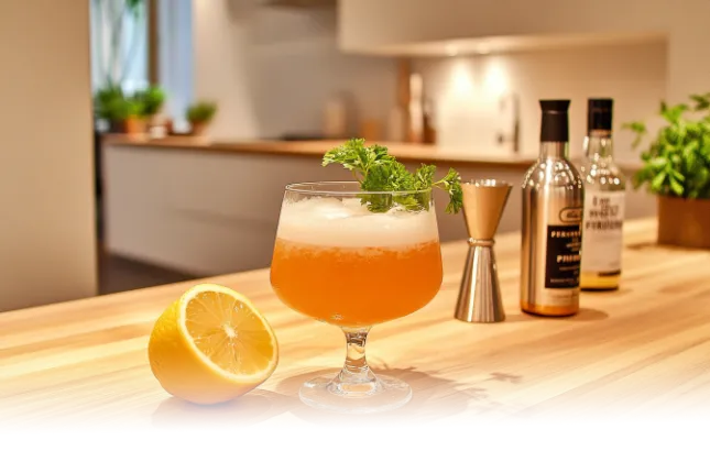 Fried Chicken Prime drink served in a glass with frothy golden hues, garnished with lemon and parsley.