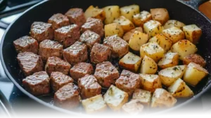 Garlic butter steak bites with golden crispy potatoes, served in a cast iron skillet and garnished with fresh parsley