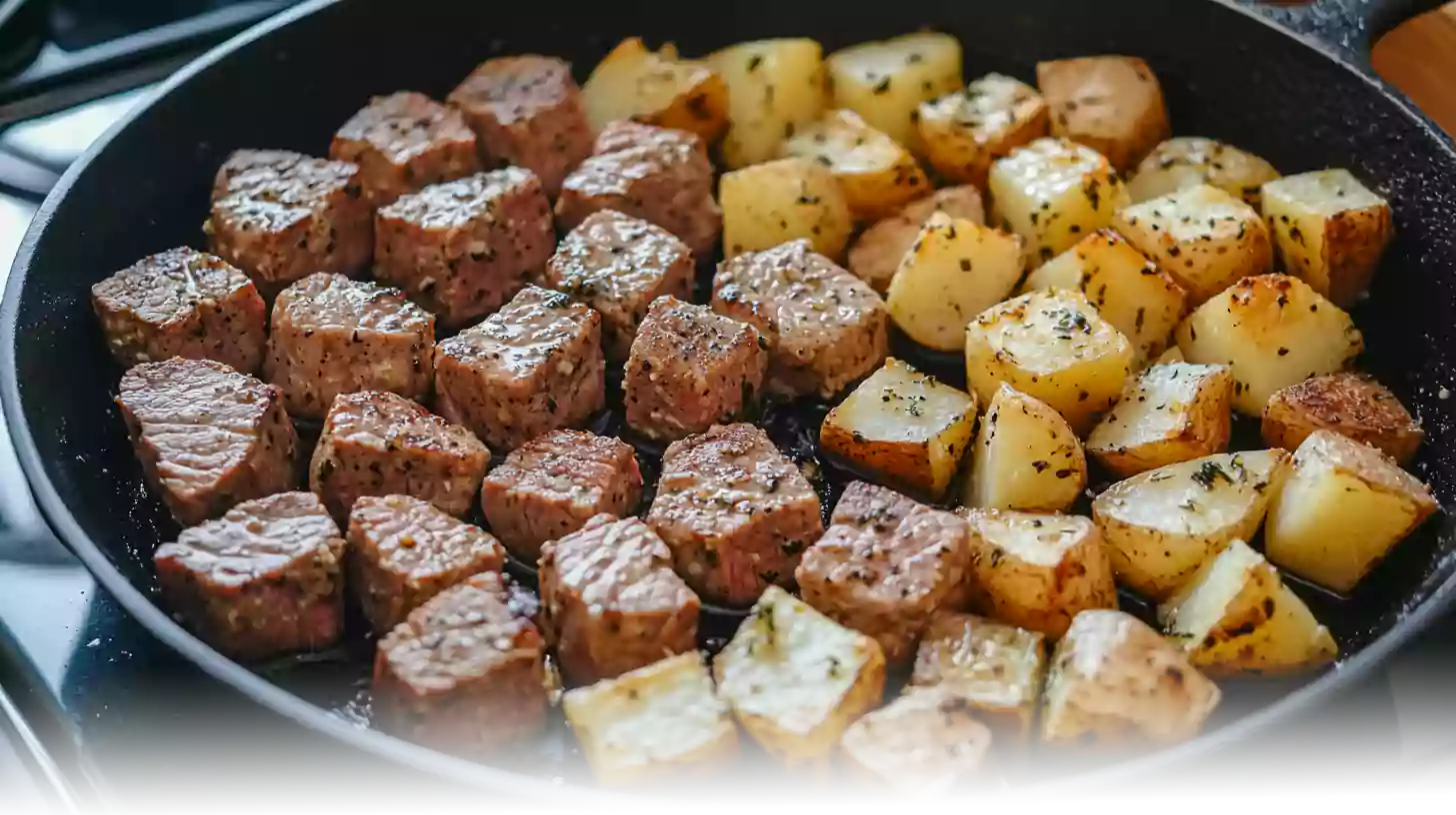 Garlic butter steak bites with golden crispy potatoes, served in a cast iron skillet and garnished with fresh parsley