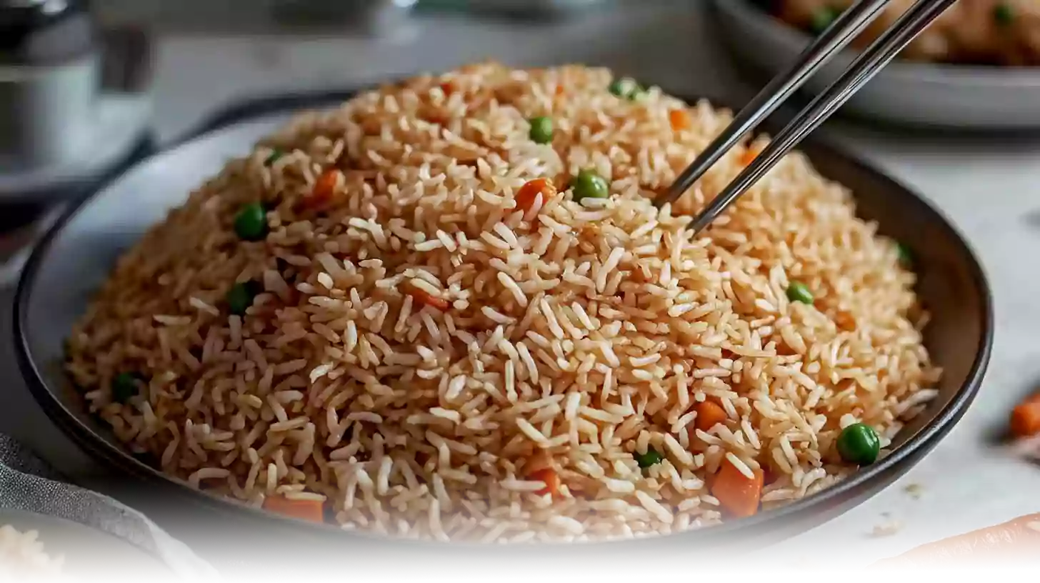 A steaming bowl of Gochujang Fried Rice garnished with sesame seeds and green onions, served in a modern kitchen setting