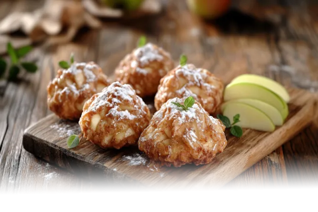 Golden cake apple fritters with a shiny vanilla glaze on a rustic wooden plate in a modern kitchen.