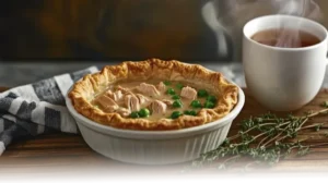 chicken pot pie with cream of chicken soup with flaky crust and creamy filling, served in a cozy kitchen setting.