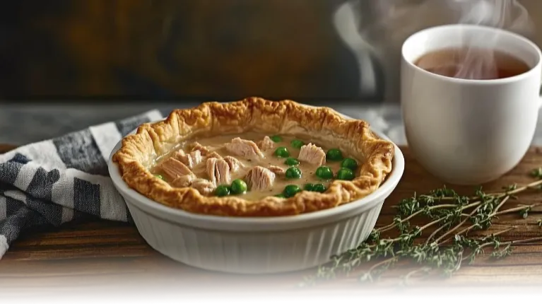 chicken pot pie with cream of chicken soup with flaky crust and creamy filling, served in a cozy kitchen setting.