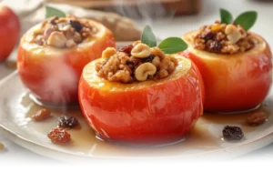 Golden microwave-baked apples stuffed with cinnamon and brown sugar, garnished with nuts and raisins, served in a cozy kitchen setting.