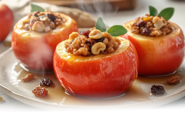 Golden microwave-baked apples stuffed with cinnamon and brown sugar, garnished with nuts and raisins, served in a cozy kitchen setting.