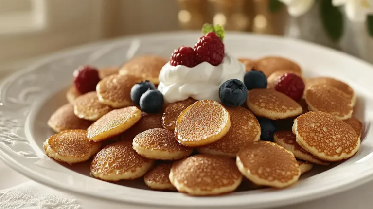 Golden mini pancakes stacked with fresh berries, whipped cream, and syrup in a modern kitchen setting.