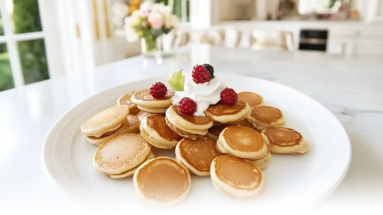 Golden mini pancakes stacked with fresh berries, whipped cream, and syrup in a modern kitchen setting.