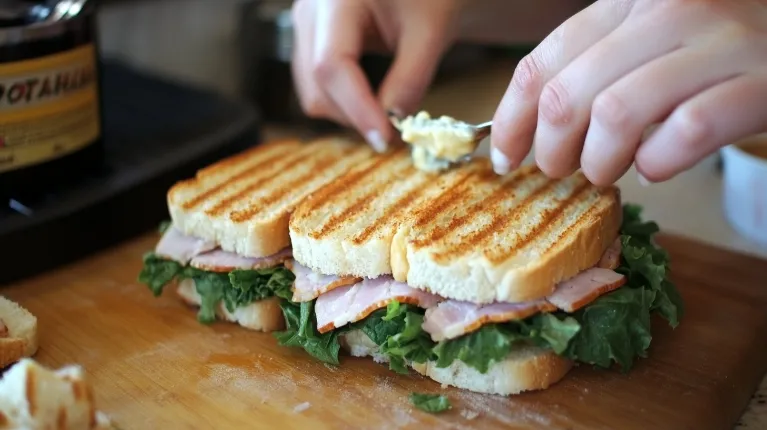 What are good sandwich toppings . 
Hands layering fresh lettuce, deli meats, and cheese onto toasted bread while preparing a gourmet sandwich.