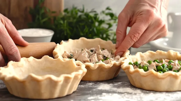 Hands preparing chicken pot pie by filling the crust with creamy chicken and vegetables.