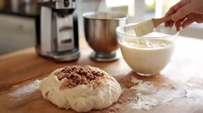 Hands rolling out Cinnamon Roll Cheesecake Recipe dough and sprinkling cinnamon sugar, with cheesecake filling being mixed in a bright modern kitchen.