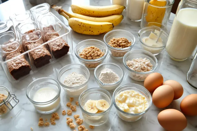 Ingredients for Banana Pudding Brownies, including ripe bananas, brownie mix, pudding mix, eggs, milk, and vanilla wafers, displayed on a modern kitchen countertop.