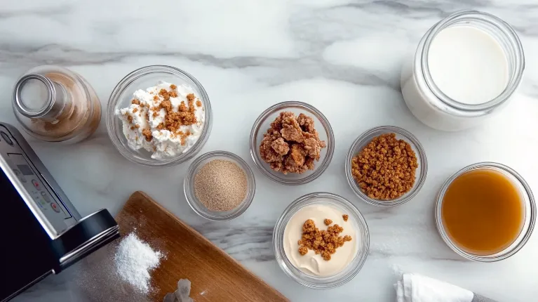 Ingredients for Fried Chicken Ice Cream displayed on a modern kitchen countertop.