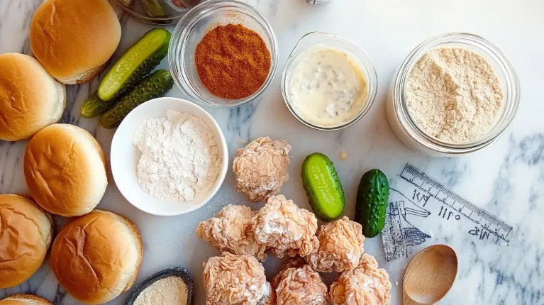 Ingredients for a National Fried Chicken Sandwich, including chicken thighs, buttermilk, spices, and buns, on a modern countertop.