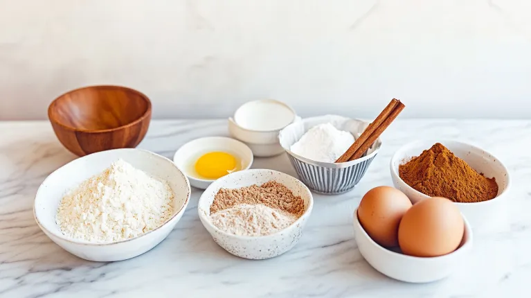 Ingredients for a delicious Cinnamon Roll Cheesecake Recipe arranged on a marble countertop in a modern kitchen.