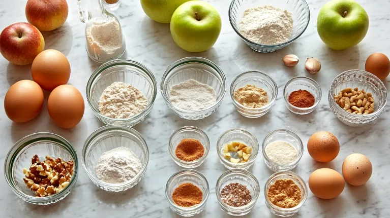 Ingredients for baked apple fritters neatly arranged on a modern marble countertop in warm lighting.