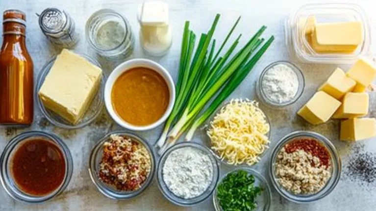 Ingredients for buffalo mac and cheese, including cheese, pasta, buffalo sauce, and garnishes.